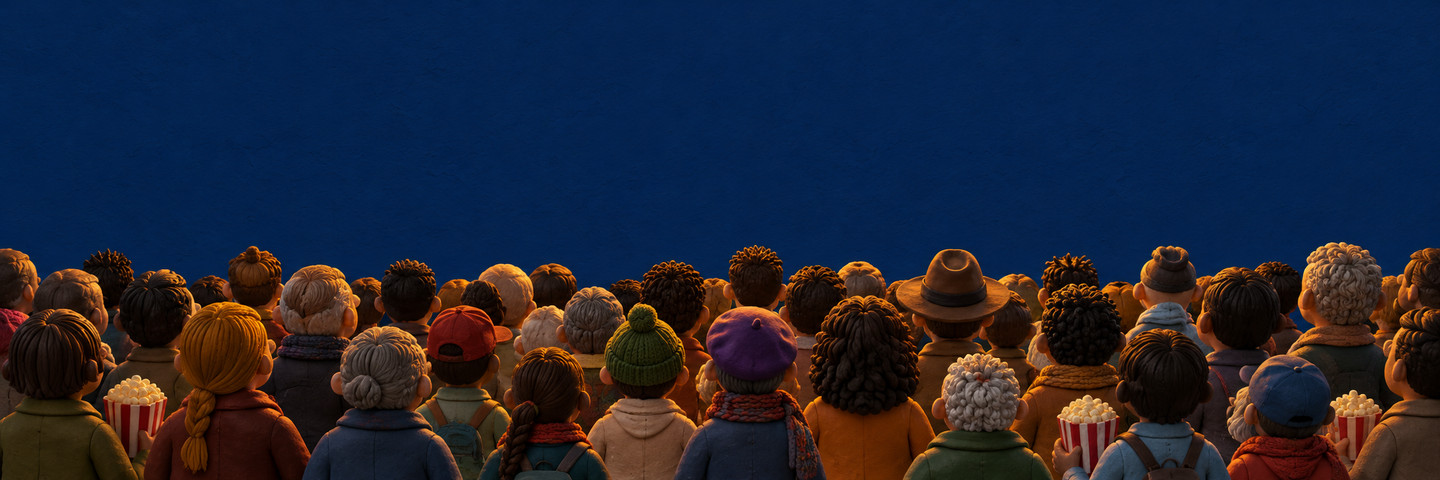 A clay theatre, full house, watching an ad on stage.